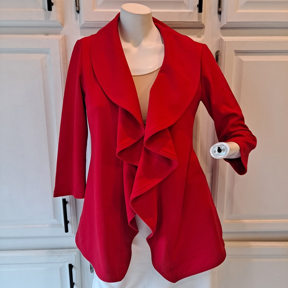Calvin Klein Collection Red Open Cardigan Blazer With Ruffled Draped Front